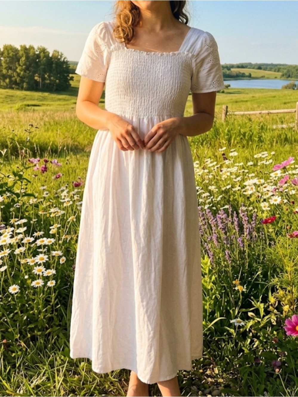 Wiya Italy Linen White Smocked Eyelet Sleeve Dress Sz S/M - Picture 1 of 9